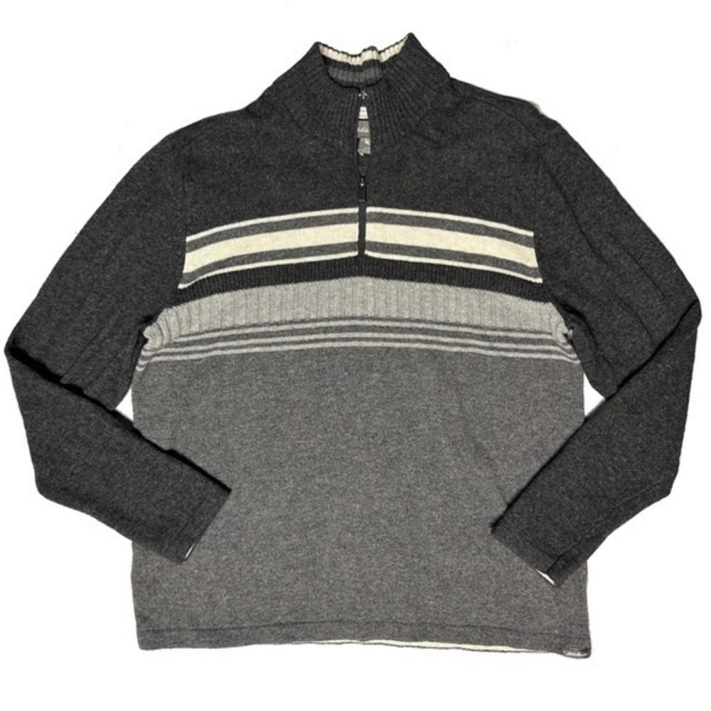 Eddie Bauer Knit Sweater Gray Striped Wool 1/4 Zip Mock Neck Pullover Men Large